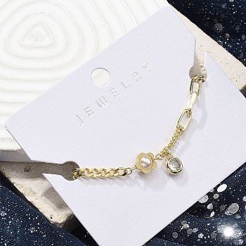 Brass Micro Pave Clear Cubic Zirconia Charm Bracelets,
Paperclip Chains & Card Paper Chains Jewelry for Women, with ABS Plastic Imitation Pearl Beads, Flat Round, Real 18K Gold Plated, 6-7/8 inch(17.5cm)