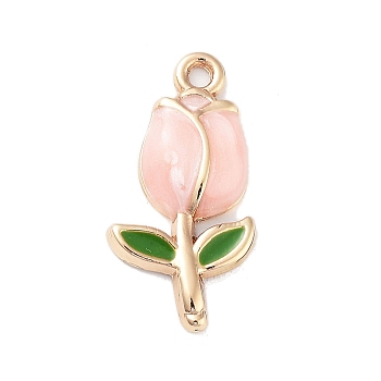 Golden Plated Alloy Enamel Pendants, Tulip Charms, Pink, 22x11x3mm, Hole: 1.6mm