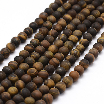 Frosted Natural Tiger Eye Beads Strands, Round, 6mm, Hole: 0.8mm, about 64pcs/strand, 15.1 inch
