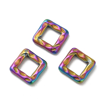 Ion Plating(IP) 304 Stainless Steel Links, Square Connector, Hammered, Rainbow Color, 12.5x12.5x2.8mm, Inner Diameter: 6.5x6.5mm