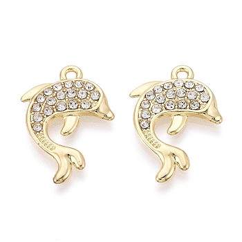 Alloy & Crystal Rhinestone Pendants, Dolphin Charms, Light Gold, 25x18x2.5~3mm, Hole: 1.8mm