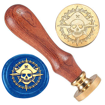 Wax Seal Stamp Set, Golden Tone Brass Sealing Wax Stamp Head, with Wood Handle, for Envelopes Invitations, Gift Card, Skull, 83x22mm, Stamps: 25x14.5mm