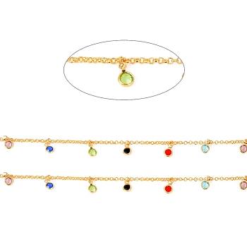 3.28 Feet Brass Rolo Chains, with Glass Cubic Zirconia Charms, Soldered, Long-Lasting Plated, Flat Round, Colorful, Real 18K Gold Plated, 2x2x0.8mm