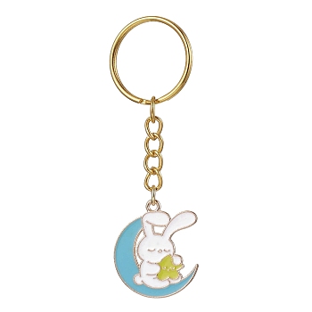 Moon with Rabbit Alloy Enamel Pendant Keychain, with Iron Split Key Rings, Rabbit, 8cm