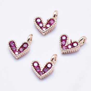 Brass Micro Pave Cubic Zirconia Charms, Long-Lasting Plated, Lead Free & Nickel Free & Cadmium Free, Heart, Hot Pink, Real Rose Gold Plated, 9.5x6.5x2mm, Hole: 1mm