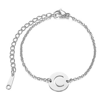 201 Stainless Steel Link Bracelets, with Cable Chains and Lobster Claw Clasps, Flat Round with Letter, Letter.C, 6 inch~6-3/4 inch(15~17.5cm), 1.5mm