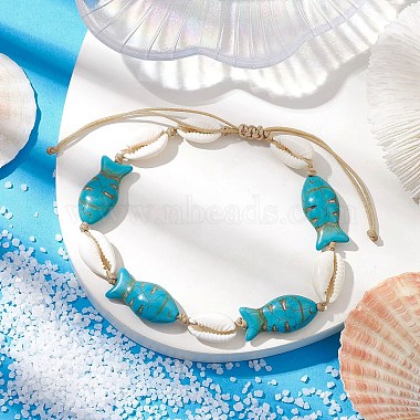 Coquille de cauris mélangée naturelle avec bracelets de cheville en perles synthétiques turquoise(AJEW-AN00596-01)-2