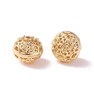 Brass Hollow Beads, Rondelle with Flower, Golden, 10x8.5mm, Hole: 1.2mm(KK-P226-14CG)
