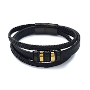 Men's Black PU Leather Cord Multi-Strand Bracelets, Rectangle 304 Stainless Steel Link Bracelets with Magnetic Clasps, Golden, 8-5/8x1 inch(21.9x2.5cm)(BJEW-K243-49G)