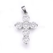 304 Stainless Steel Pendants, with Cubic Zirconia, Cross, Clear, Stainless Steel Color, 33x23x4.5mm, Hole: 5x7mm(STAS-E439-72P)