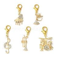 Musical Instrument & Note Alloy Rhinestone Pendants Decoraiton, with Zinc Alloy Lobster Claw Clasps, Golden, 34~44.5mm, 5pcs/set(HJEW-JM01046)