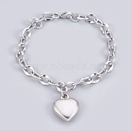 304 Stainless Steel Pendant Bracelets, with Cable Chains and Lobster Claw Clasps, Heart, Stainless Steel Color, 7-3/4 inch(19.8cm), 7mm(BJEW-P237-05P)