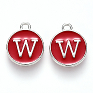 Platinum Plated Alloy Enamel Charms, Cadmium Free & Lead Free, Enamelled Sequins, Flat Round with Letter, Red, Letter.W, 14x12x2mm, Hole: 1.5mm(ENAM-S118-03W-P)