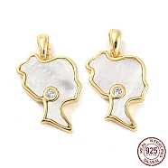 Natural Shell Pendants, with 925 Sterling Silver Micro Pave Cubic Zirconia Findings, Lady Charms, Real 18K Gold Plated, 15x11x2mm, Hole: 3.5x2mm(STER-P051-06G)