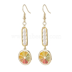 Shell Pearl with Enamel Lemon Dangle Earrings, 304 Stainless Steel Long Drop Earrings for Women, Golden, 62mm, Pin: 0.6mm(EJEW-TA00071)