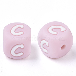 Food Grade Eco-Friendly Silicone Beads, Horizontal Hole, Chewing Beads For Teethers, DIY Nursing Necklaces Making, Letter Style, Cube, Pink, Letter.C, 10x10x10mm, Hole: 2mm(X-SIL-R011-10mm-04C)