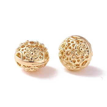 Brass Hollow Beads, Rondelle with Flower, Golden, 10x8.5mm, Hole: 1.2mm