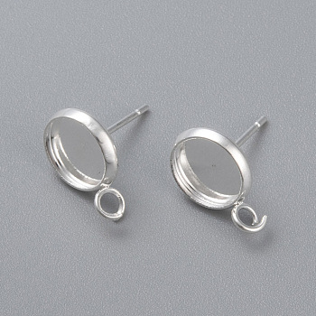 304 Stainless Steel Stud Earring Settings, with Loop, Flat Round, Silver, Tray: 14mm, 18.5x16x2mm, Hole: 2mm, Pin: 0.8mm