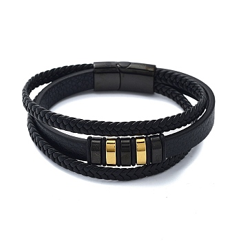 Men's Black PU Leather Cord Multi-Strand Bracelets, Rectangle 304 Stainless Steel Link Bracelets with Magnetic Clasps, Golden, 8-5/8x1 inch(21.9x2.5cm)