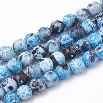 Dyed Natural Fire Crackle Agate Beads Strands, Round, Deep Sky Blue, 8~8.5mm, Hole: 1mm, about 48pcs/strand, 14.9 inch