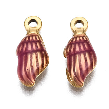 304 Stainless Steel Pendants, with Enamel, Spiral Shell, Golden, Medium Violet Red, 18.5x7.5x4mm, Hole: 1.5mm