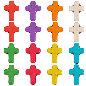 100Pcs Synthetic Magnesite Beads, Dyed, Religion Cross, Mixed Color, 16x12x4mm, Hole: 1mm