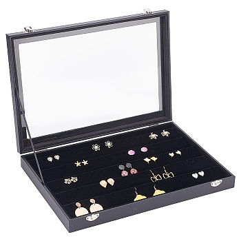 5 Rows Rectangle Wood Jewelry Presentation Box, Glass Window Jewelry Storage Case with Plush Inside, for Earrings, Brooches, Black, 35.3x24.3x4.4cm