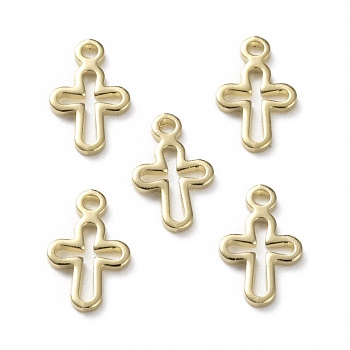 Brass Tiny Cross Charms, Long-Lasting Plated, Real 24K Gold Plated, 10x6.5x1mm, Hole: 0.9mm