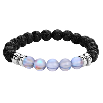 Synthetic Moonstone & Natural Lava Rock Round Beaded Stretch Bracelet, Essential Oil Gemstone Jewelry for Women, Gray, Inner Diameter: 2-1/8 inch(5.5cm)