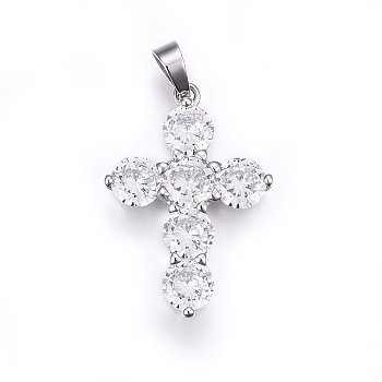304 Stainless Steel Pendants, with Cubic Zirconia, Cross, Clear, Stainless Steel Color, 33x23x4.5mm, Hole: 5x7mm