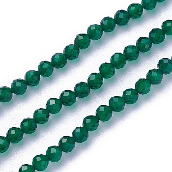 Faceted Glass Beads Strands, Round, Dark Green, 3~3.5mm, Hole: 0.5mm, about 115~130pcs/strand, 14.5~16.1 inch(37~41cm)