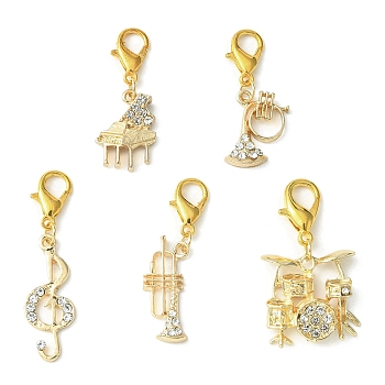 Musical Instrument & Note Alloy Rhinestone Pendants Decoraiton, with Zinc Alloy Lobster Claw Clasps, Golden, 34~44.5mm, 5pcs/set