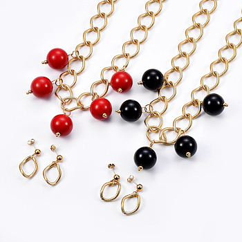 (Jewelry Parties Factory Sale)304 Stainless Steel Stud Earrings & Necklace Jewelry Sets, with Acrylic Beads, Golden, 20 inch~20.3 inch(51~51.5cm), 31mm, Pin: 0.7mm