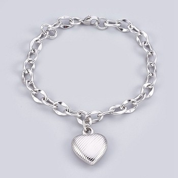 304 Stainless Steel Pendant Bracelets, with Cable Chains and Lobster Claw Clasps, Heart, Stainless Steel Color, 7-3/4 inch(19.8cm), 7mm