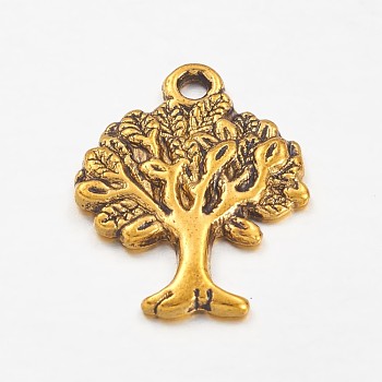 Tibetan Style Alloy Pendants, Tree of Life Charms, Lead Free & Cadmium Free & Nickel Free, Antique Golden, about 22mm long, 17mm wide, 2mm thick, hole: 2mm