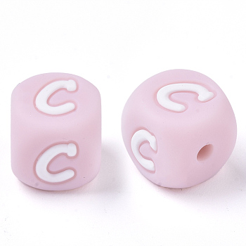 Food Grade Eco-Friendly Silicone Beads, Horizontal Hole, Chewing Beads For Teethers, DIY Nursing Necklaces Making, Letter Style, Cube, Pink, Letter.C, 10x10x10mm, Hole: 2mm