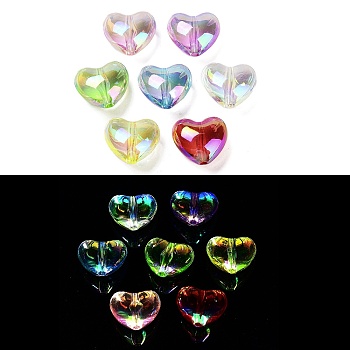 Luminous UV Plating Rainbow Iridescent Acrylic Beads, Glow in the Dark Beads, Heart, Mixed Color, 20x22x12.5mm, Hole: 2.8mm