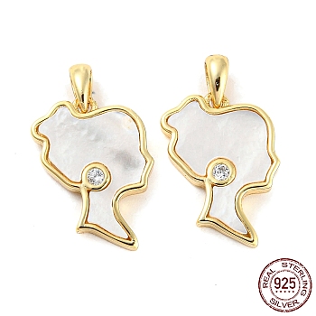 Natural Shell Pendants, with 925 Sterling Silver Micro Pave Cubic Zirconia Findings, Lady Charms, Real 18K Gold Plated, 15x11x2mm, Hole: 3.5x2mm