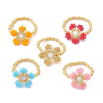 Round Seed Beads with Gemstone Beads Rings, Flower, Mixed Color, Inner Diameter: 27mm