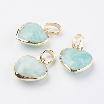Natural Amazonite Pendants, with Brass Findings, Faceted, Heart, Golden, 14~15x12~12.5x4.5~5.5mm, Hole: 4x6mm