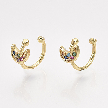 Brass Cubic Zirconia Cuff Earrings, Moon, Golden, Colorful, 10x1mm
