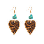 Alloy & Synthetic Turquoise Dangle Earrings, with Leather, Heart, Golden, Peru, 70x30mm(WGDD144-03)