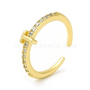 Clear Cubic Zirconia Initial Letter Open Cuff Ring, Real 18K Gold Plated Brass Jewelry for Women, Cadmium Free & Nickel Free & Lead Free, Letter.T, US Size 7 3/4(17.9mm)(RJEW-H120-09G-T)