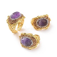 Natural Amethyst Oval Open Cuff Ring with Rhinestone, Golden Brass Wide Ring for Women, Inner Diameter: US Size 7 1/4(17.5mm)(RJEW-A011-08G)