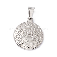 Non-Tarnish 304 Stainless Steel Pendants, Textured, Flat Round with Eye, Stainless Steel Color, 23x19x3mm, Hole: 6.5x3mm(STAS-A062-17P)