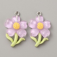 Translucent Resin Pendants, Glitter Flower Charms with Platinum Plated Iron Loops, Lilac, 30x19x5.5mm, Hole: 1.5mm(RESI-TAC0004-32P-05)