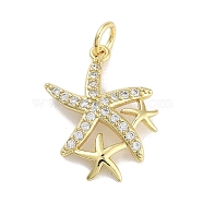 Rack Plating Brass Clear Cubic Zirconia Pendants, with Jump Ring, Long-Lasting Plated, Lead Free & Cadmium Free, Starfish, Real 18K Gold Plated, 19x15x4mm, Hole: 3mm(KK-M293-09G)