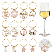 Easter Theme Alloy Enamel & Rhinestone & Resin Wine Glass Charms, with Brass Hoop Earring Findings and Glass Seed Bead, Rabbit/Cat/Flower, Mixed Color, 47~59mm, 12 style, 2pcs/style, 24pcs/set(AJEW-AB00145)
