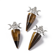Natural Tiger Eye Pendants, Cone Charms, with Platinum Tone Brass Triple Moon with Star Findings, Cadmium Free & Nickel Free & Lead Free, 47~50x23x14.5~15mm, Hole: 7.5x5mm(G-P484-02P-01)
