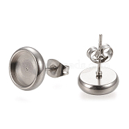 304 Stainless Steel Stud Earring Settings, with Ear Nuts, Flat Round, Stainless Steel Color, 6.5mm, Pin: 0.8mm, Tray: 4mm(STAS-K202-05A-P)